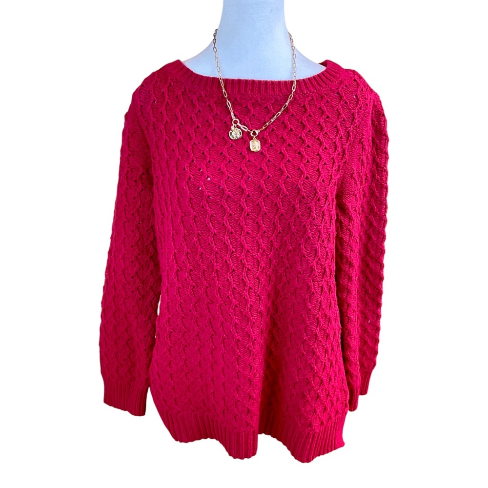 Talbots Sweater Red Chunky Knit Cotton Wool Blend Petite (LP)